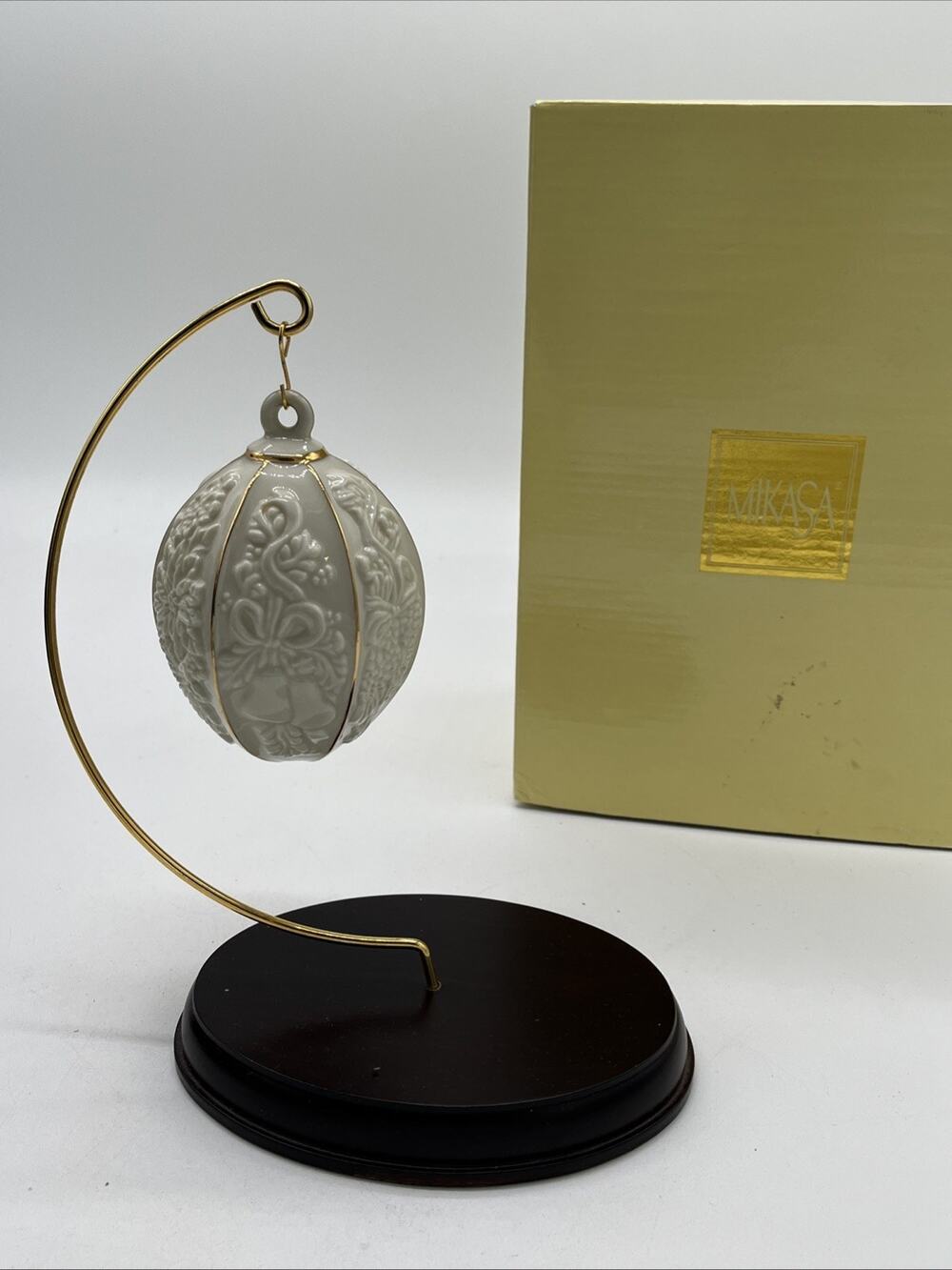 Vintage Mikasa Holiday Elegance Porcelain Hanging Ornament w/ Stand Egg Shaped